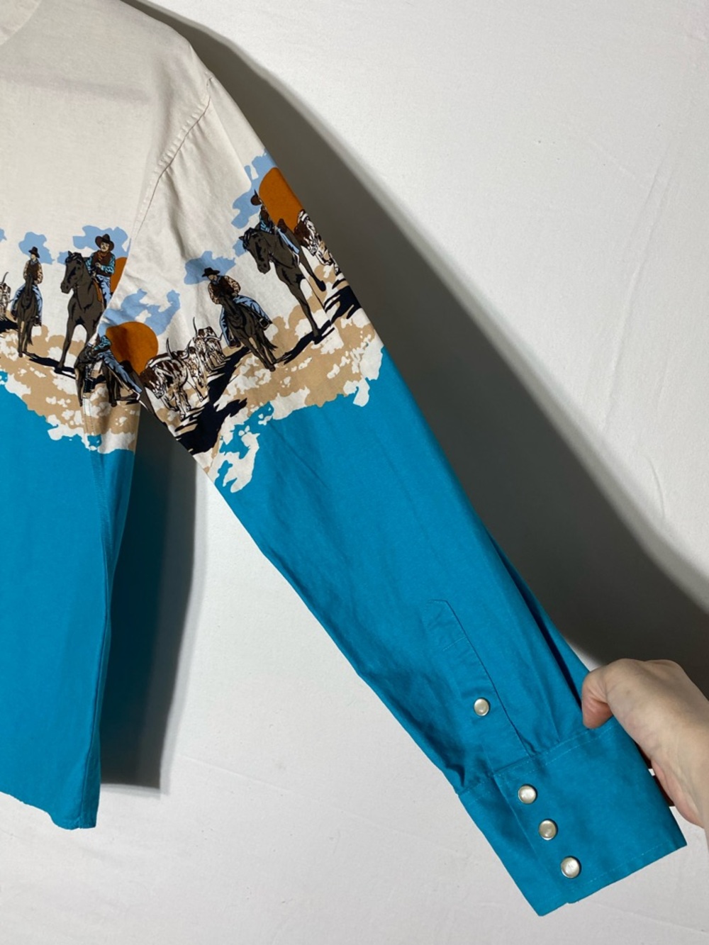 Vintage 90s Panhandle Slim Cowboy Border Print Pearl Snap Western Shirt L - Picture 12 of 14